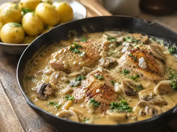 Kyckling i krämig champinjonssås i gjutjärnspanna, med kokt potatis i bakgrunden.