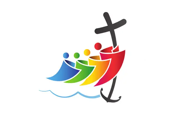 Symboliczna łódź z ludzikami w tęczowych barwach, niesiona przez fale. Krzyż i kotwica symbolizują wiarę i nadzieję, jak w święta maja.
