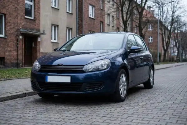 Ciemnoniebieski samochód stoi na ulicy z kostki brukowej. Brak tablic rejestracyjnych, co sugeruje rejestracja samochodu bez tablic.