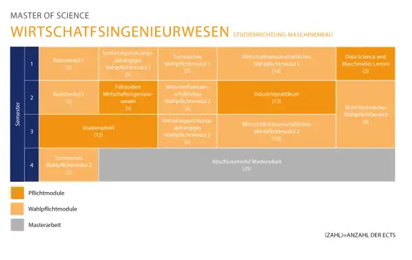 Masterplan für Wirtschaftsingenieurwesen: Pflicht- und Wahlpflichtmodule, Industriepraktikum und Masterarbeit.