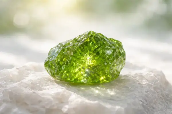 Peridoto crudo, de un verde vibrante, sobre roca blanca. Sus propiedades energéticas se reflejan en su brillo.