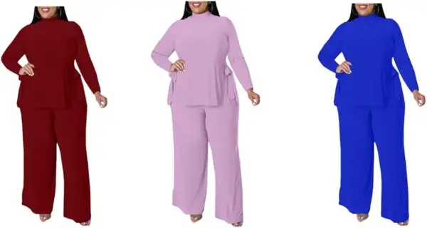 Trzy kobiety w dresach plus size w kolorach bordowym, liliowym i niebieskim.