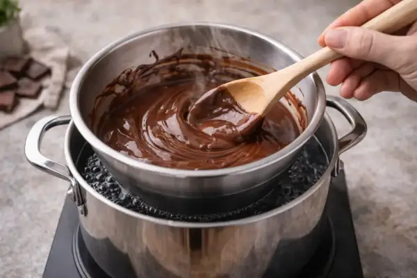 Une main remue du chocolat fondu dans un bol au-dessus d'une casserole d'eau bouillante, technique de cuisson bain-marie pour une texture parfaite.