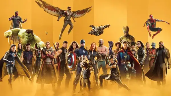 Wielu marvel bohaterów, od Hulka po Kapitana Amerykę, gotowych do walki.