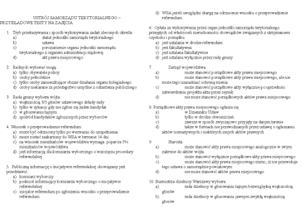 Akty prawa miejscowego: pytania testowe dotyczące ustroju samorządu terytorialnego, w tym referendum i kompetencji organów.