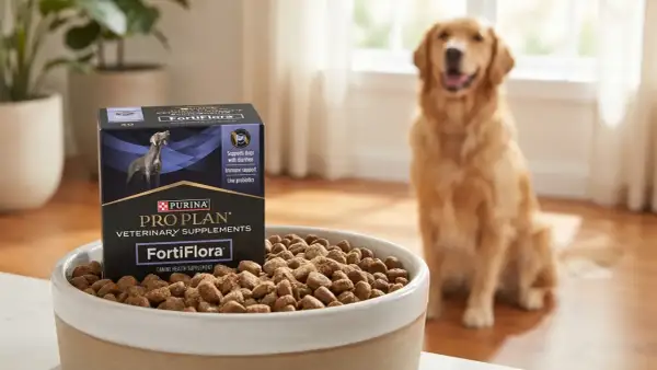 Caja de Pro Plan FortiFlora para perros, que sirve para el apoyo digestivo e inmune. Un golden retriever sonriente espera cerca.