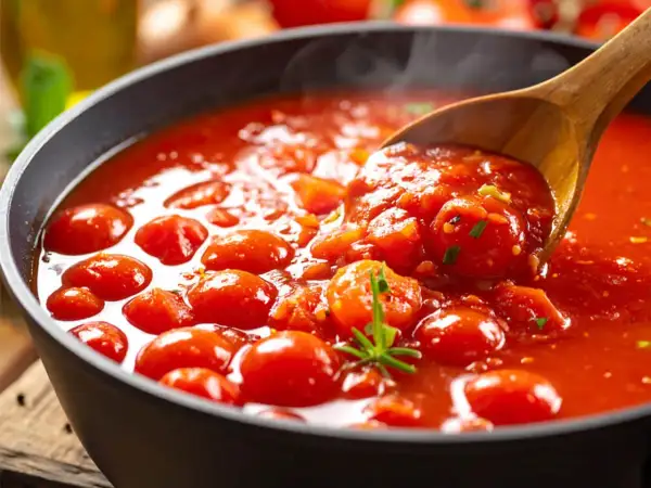 Heiß dampfende Tomatensoße mit ganzen Kirschtomaten in einer Pfanne, bereit für köstliche Pasta. Ein Hauch von Wein rundet das Gericht ab.