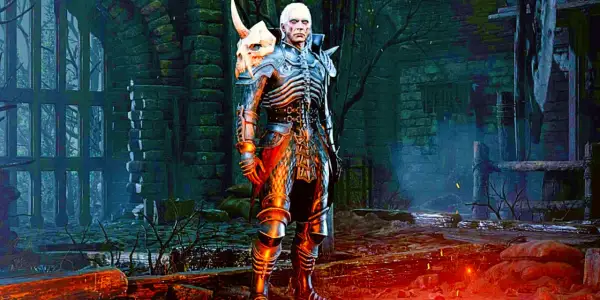 Mroczny nekromanta z Diablo 2, w zbroi z czaszką, gotowy do walki. Jego build opiera się na przywoływaniu armii nieumarłych.
