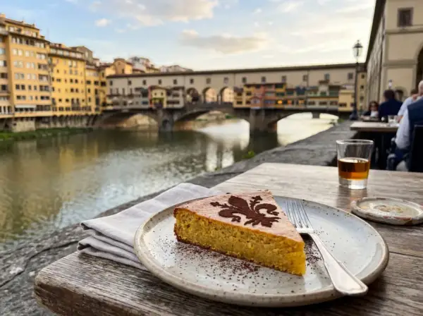 Ein Stück Schiacciata alla Fiorentina mit Kakaopulver-Dekor, serviert am Arno mit dem Ponte Vecchio im Hintergrund.