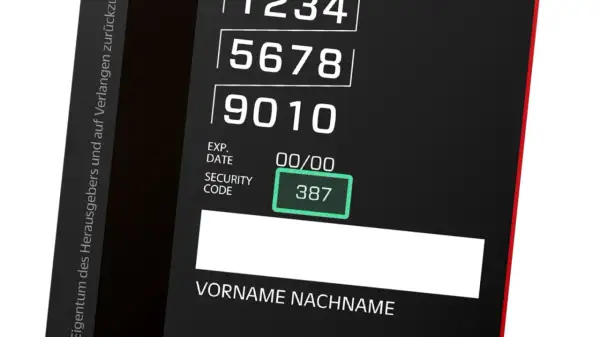 Kreditkartennummer 1234 5678 9010, Sicherheitscode 387, Ablaufdatum 00/00 und Feld für Vorname Nachname.