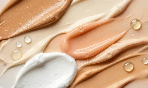 Texturen von cremiger weißer, pfirsichfarbener und beiger Feuchtigkeitscreme mit glänzenden Tropfen.