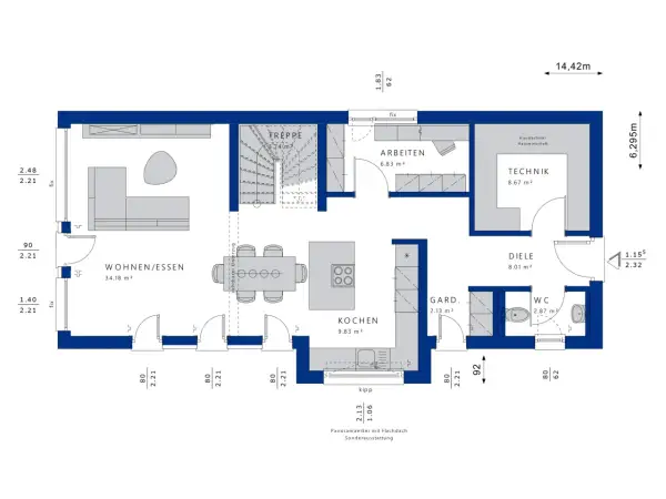 Grundriss eines Traumhauses mit Wohnen/Essen, Kochen, Arbeiten, Diele, WC und Technik.