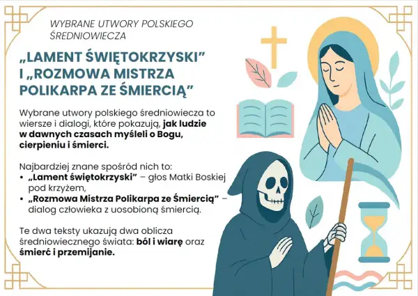 Ilustracja przedstawia postać Śmierci, modlącą się Matkę Boską, krzyż, księgę i klepsydrę.