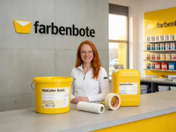 Frau mit roten Haaren lächelt, neben Farbeimer, Rolle und Klebeband. Alles, was man zum Streichen braucht, ist hier zu sehen.
