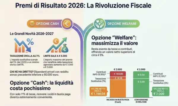 Opzione "Cash" per premi di produzione oltre 5.000 euro: tassazione agevolata all'1%. Il welfare offre un valore netto superiore.