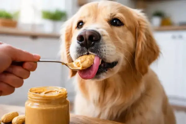 Słodki golden retriever oblizuje łyżeczkę z masłem orzechowym dla psa.