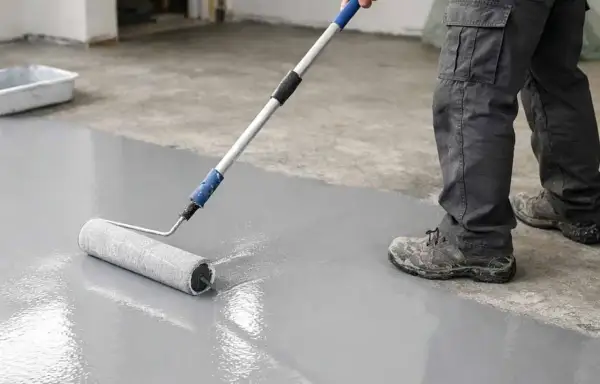 Lavoratore stende vernice grigia su cemento grezzo con un rullo. Ecco come pulire cemento grezzo per un nuovo look.