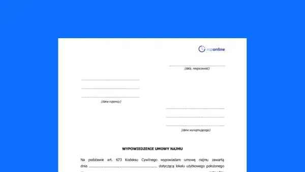 Formularz wypowiedzenia umowy najmu. Określa, od kiedy liczy się 1-miesięczny okres wypowiedzenia.