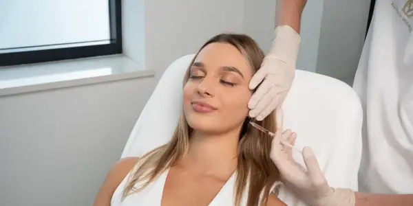 Kobieta poddawana zabiegowi z użyciem strzykawki, część kuracji anti aging.