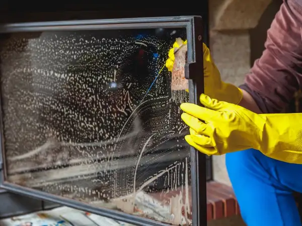 Mit gelben Handschuhen wird das Kaminglas gereinigt. Schaum und Schlieren bedecken die Scheibe, während eine Hand mit einem Schwamm schrubbt.