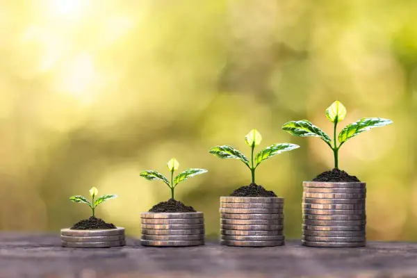 Piante che crescono su pile di monete, simboleggiando la crescita degli investimenti e quanto si paga di contributi al mese.