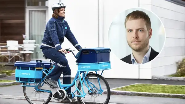 PostNord-cykelbud levererar post varannan dag. I en cirkel syns en man i kostym.