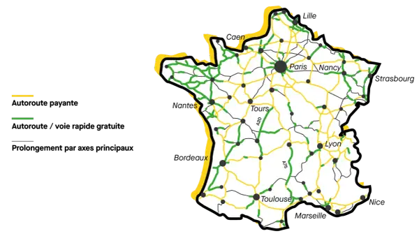 Carte de France montrant les autoroutes payantes (jaune) et l'autoroute sans péage (vert).