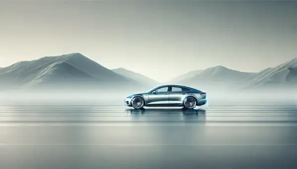 Silverfärgad elbil i futuristisk miljö med berg i bakgrunden. Tänk dig ett bra pris begagnad bil för denna dröm.