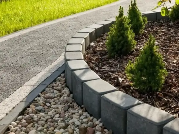 Obrzeże rabaty z kostki brukowej, wyznaczające granicę między ścieżką a zielenią. Kamienie i młode drzewka dopełniają aranżacji.