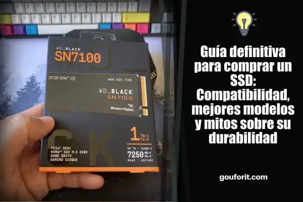 Guía para elegir tipos de disco duro SSD. Muestra un WD_BLACK SN7100, destacando su velocidad y compatibilidad.