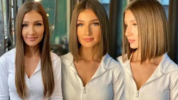Trzy ujęcia tej samej kobiety z pięknymi, blond włosami. Na pierwszym widać ją z długimi, prostymi włosami, na kolejnych dwóch z modną, krótką fryzurą.