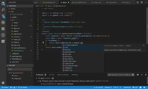 Kod JavaScript używa template literals do tworzenia URL, a podpowiedź sugeruje użycie `moment.now()` do pobrania aktualnego czasu.