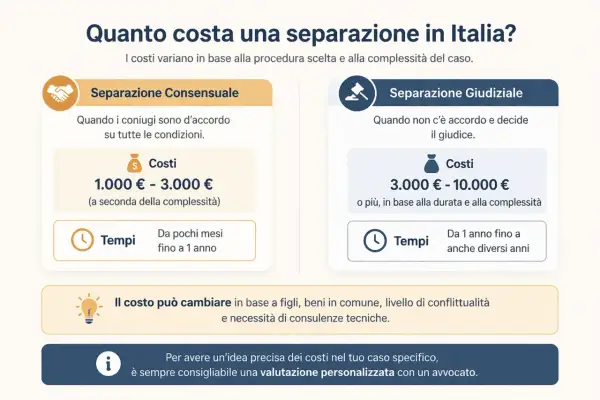 Separazione consensuale: 1.000-3.000€, pochi mesi-1 anno. Giudiziale: 3.000-10.000€+, 1 anno+. Costi variabili, valuta con avvocato.