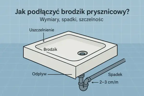 Ilustracja pokazuje podłączenie brodzika do odpływu. Widoczny jest brodzik, uszczelnienie, odpływ oraz spadek rury 2-3 cm/m.