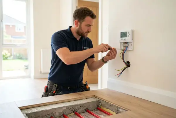 Un technicien installe un thermostat pour un plancher chauffant. Le joint de 2mm du carrelage est visible.
