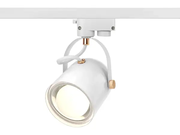 Nowoczesna lampa e27 na szynie, biała z miedzianymi detalami, idealna do podkreślenia każdego zakątka.
