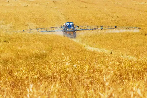 Trattore spruzza pesticidi su un campo dorato, contribuendo all'inquinamento agricolo.