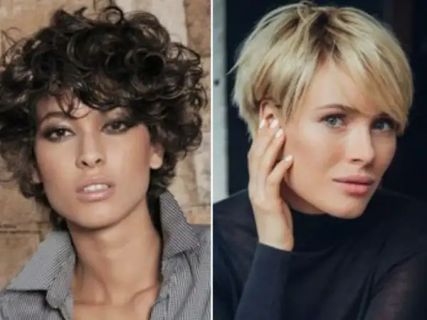 Dos mujeres con melena corta. Una con pelo rizado oscuro y la otra con pelo rubio liso. Estilos modernos para mujeres de 50 años.