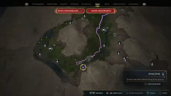 Mapa Hogwartu w Hogwarts Legacy. Fioletowa ścieżka prowadzi do studni. Spotkamy się kiedyś u studni.