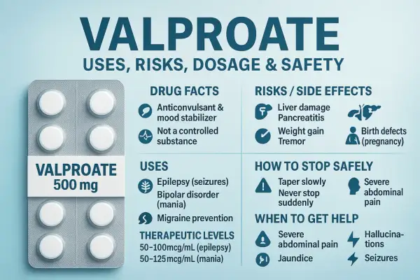 Opakowanie leku Valproate 500 mg, z informacjami o zastosowaniu, ryzyku, dawkowaniu i bezpieczeństwie.