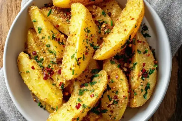 Chrupiące ziemniaki z grilla, posypane parmezanem, natką pietruszki i płatkami chili. Idealna przekąska na letnie wieczory.