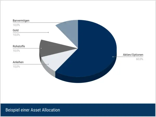 Kreisdiagramm zeigt eine Beispiel-Asset-Allocation: 60% Aktien/Optionen, je 10% Barvermögen, Gold, Rohstoffe und Anleihen.