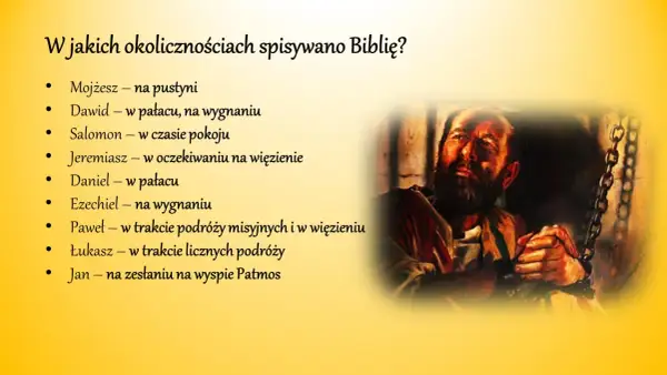 Kto napisał Biblię? Lista autorów i okoliczności: Mojżesz na pustyni, Dawid w pałacu, Salomon w pokoju, Jan na Patmos.