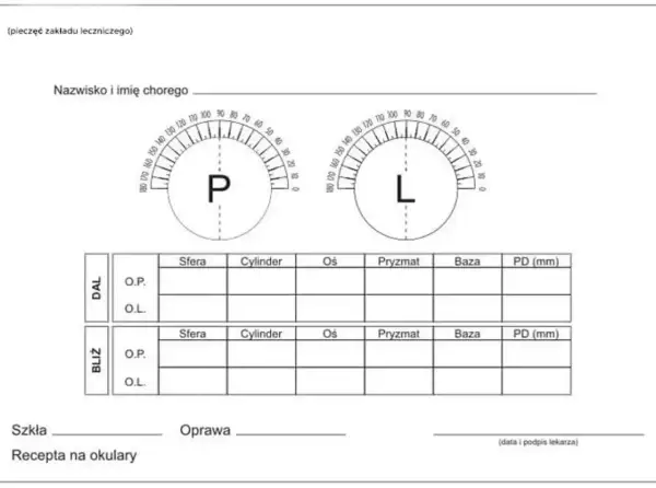 Formularz recepty na okulary z polami na dane pacjenta, wyniki badania wzroku (co oznacza sfera w okularach), oraz tabelą do wpisania parametrów szkieł i oprawy.