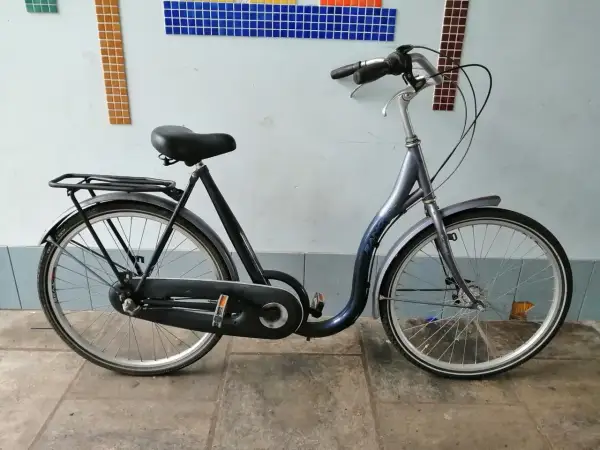 Donkerblauwe cruiser fiets met bagagedrager, geparkeerd voor een muur met mozaïek.