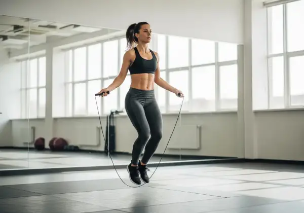 Femme en tenue de sport faisant un exercice corde à sauter dans une salle de sport lumineuse, avec des miroirs et de grandes fenêtres.
