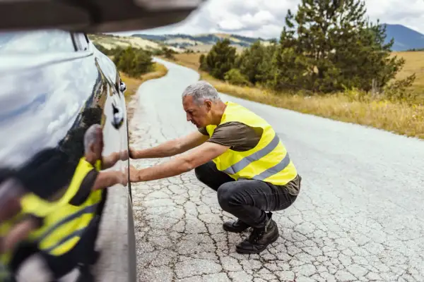 Hombre con chalecos reflectantes, agachado junto a un coche averiado en una carretera rural.