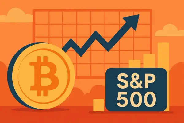 Bitcoin i S&P 500 na wykresie, symbolizujące hossę i bessę. Wzrosty i spadki na rynkach finansowych.