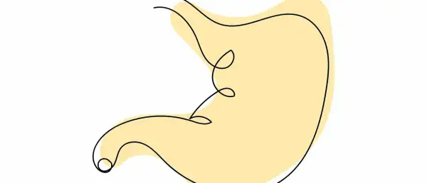 Een abstracte maag, met een dunne zwarte lijn die de vorm schetst. De gele vlek suggereert een gevoel van misselijk door overprikkeling.