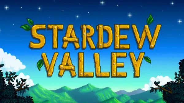 Stardew Valley spolszczenie: złoty napis gry na tle błękitnego nieba z chmurami i zielonymi wzgórzami.